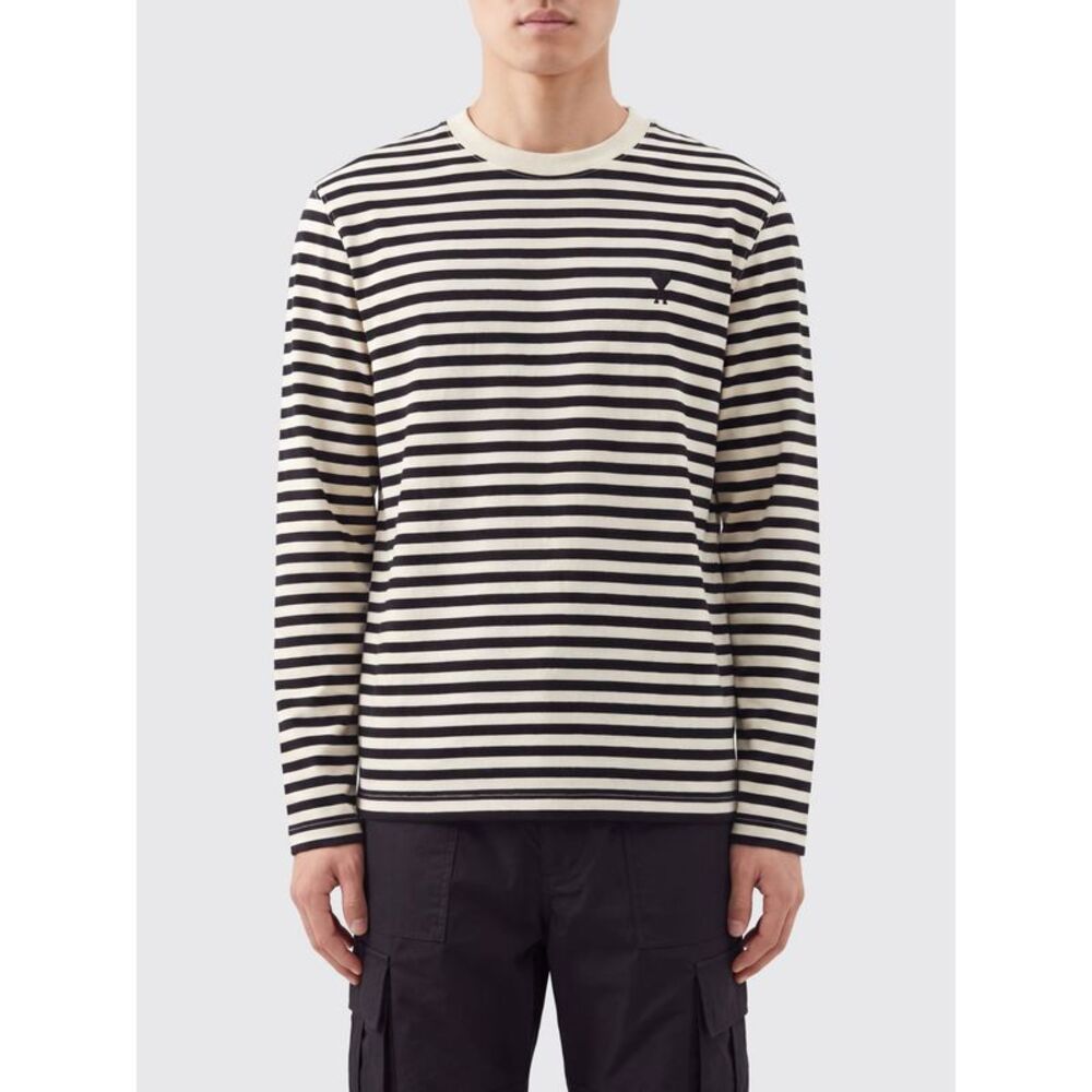Ami Paris Men Striped Long-Sleeved Cotton T-Shirt Ami Paris With Contrast Logo